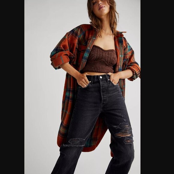 Free People Levi's Ribcage Straight Ankle Jeans \\ Size 28 // Black Destroyed - Picture 1 of 4